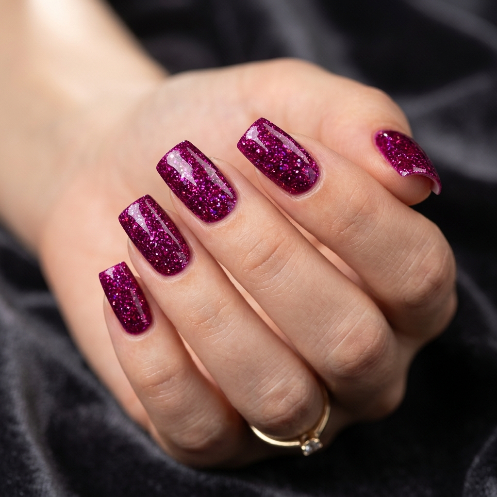 Magenta Glitter Nails Idea