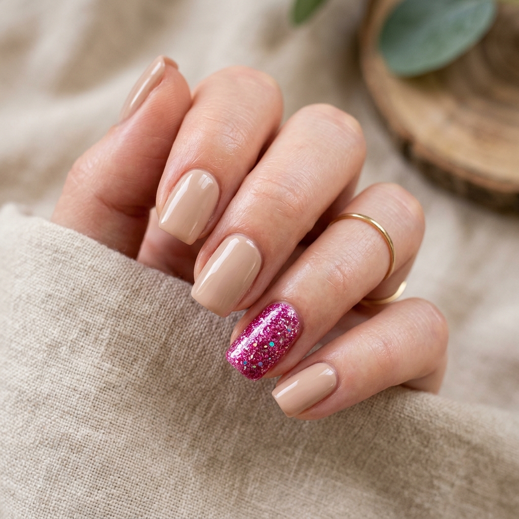 Accent Pink Glitter Nails  Idea