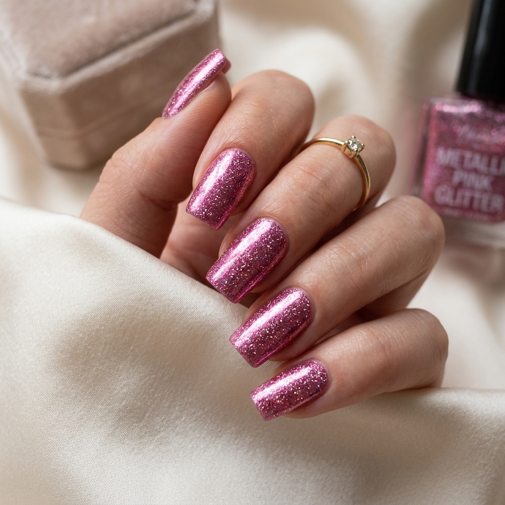 Metallic Pink Glitter Nails Idea