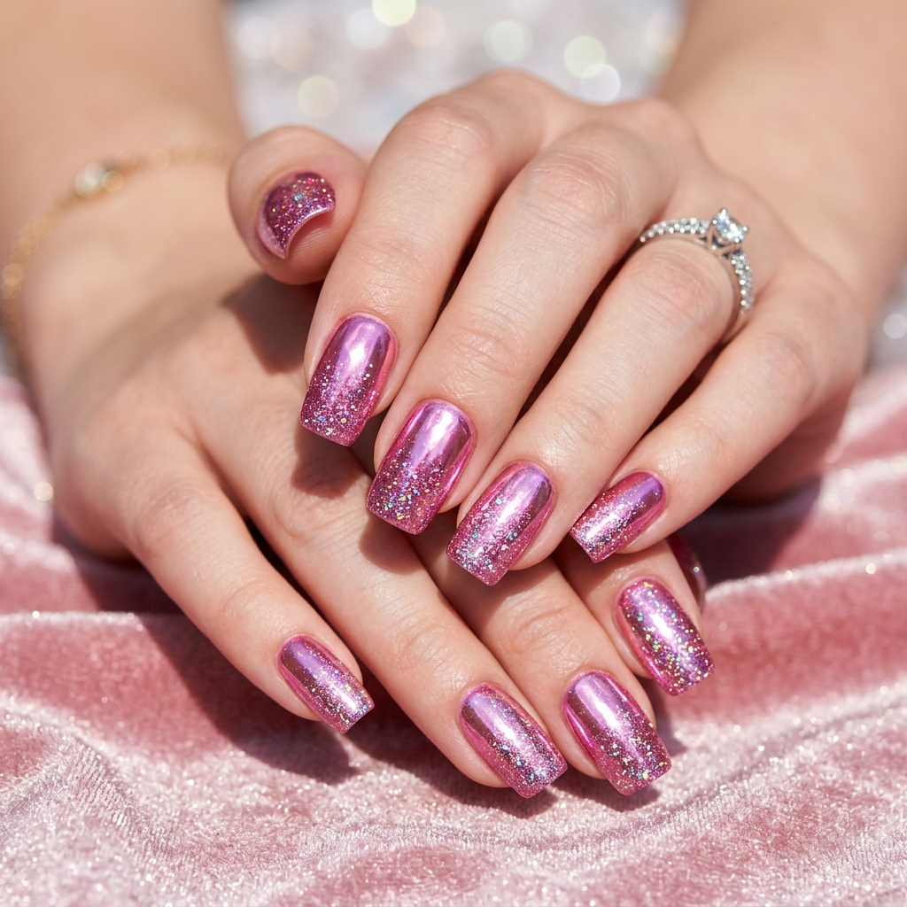 Sparkly Pink Chrome Nails Idea