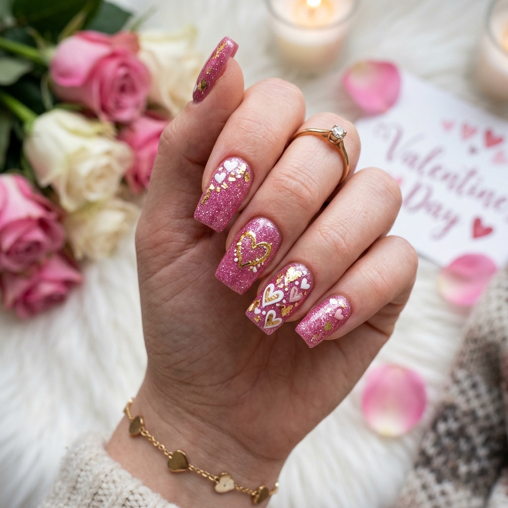 Pink Glitter Valentine's Nails Idea