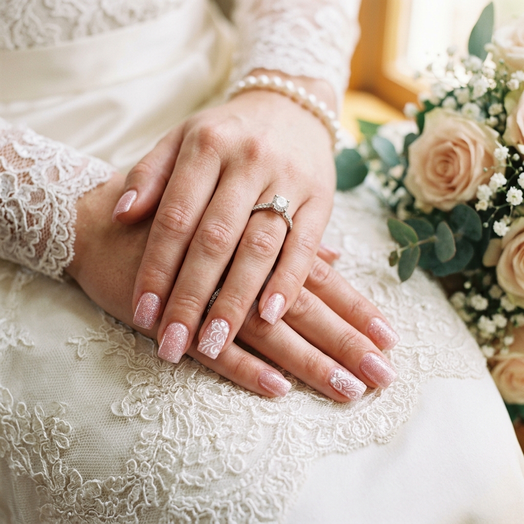 Pink Glitter Bridal Nails Idea