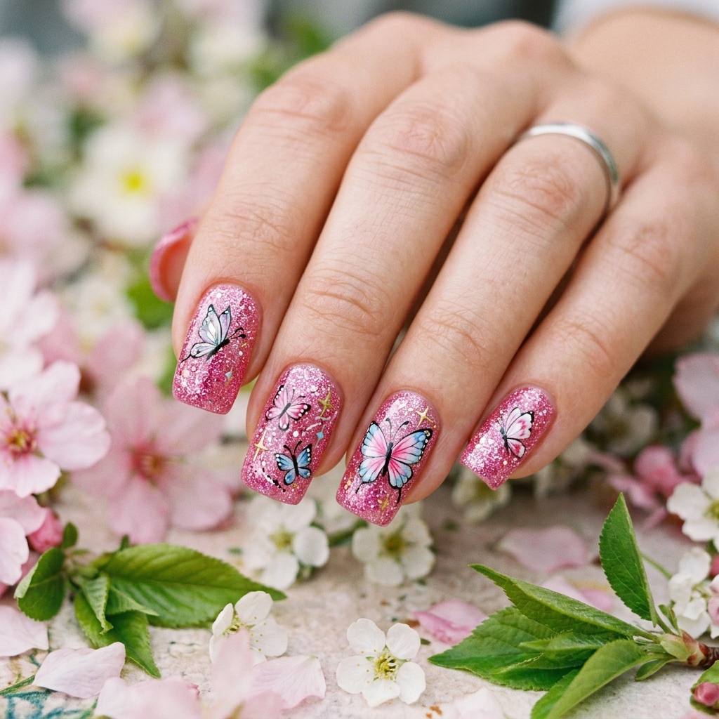 Pink Glitter Butterfly Nails Idea