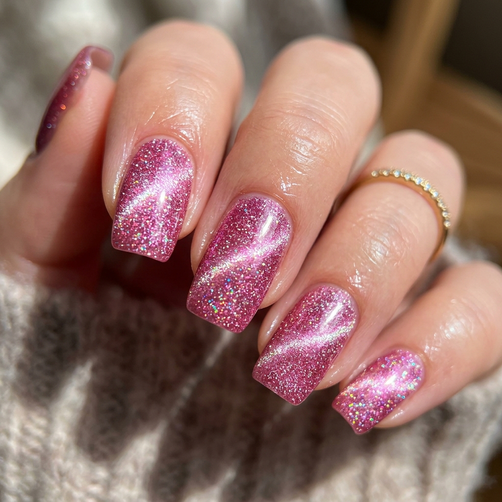 Pink Glitter Cat Eye Nails Idea