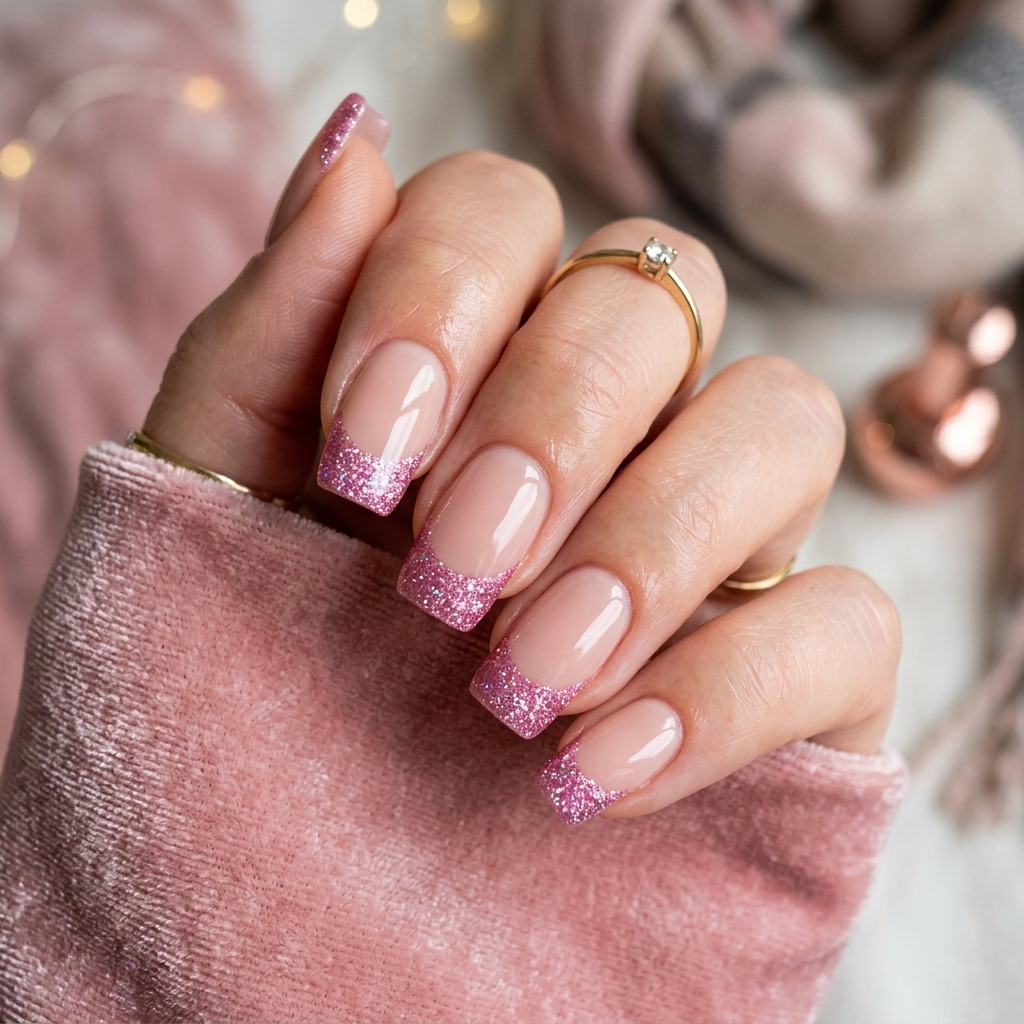 Pink Glitter Tips with Nude Base Idea