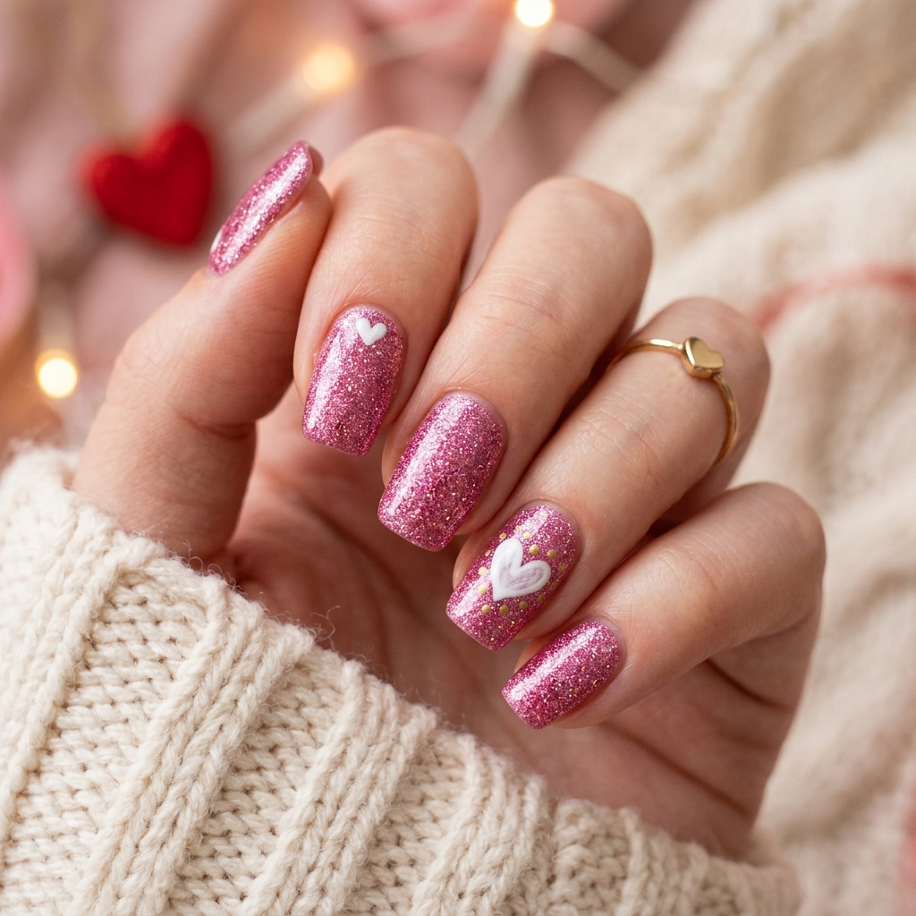 Pink Glitter Heart Nails Idea