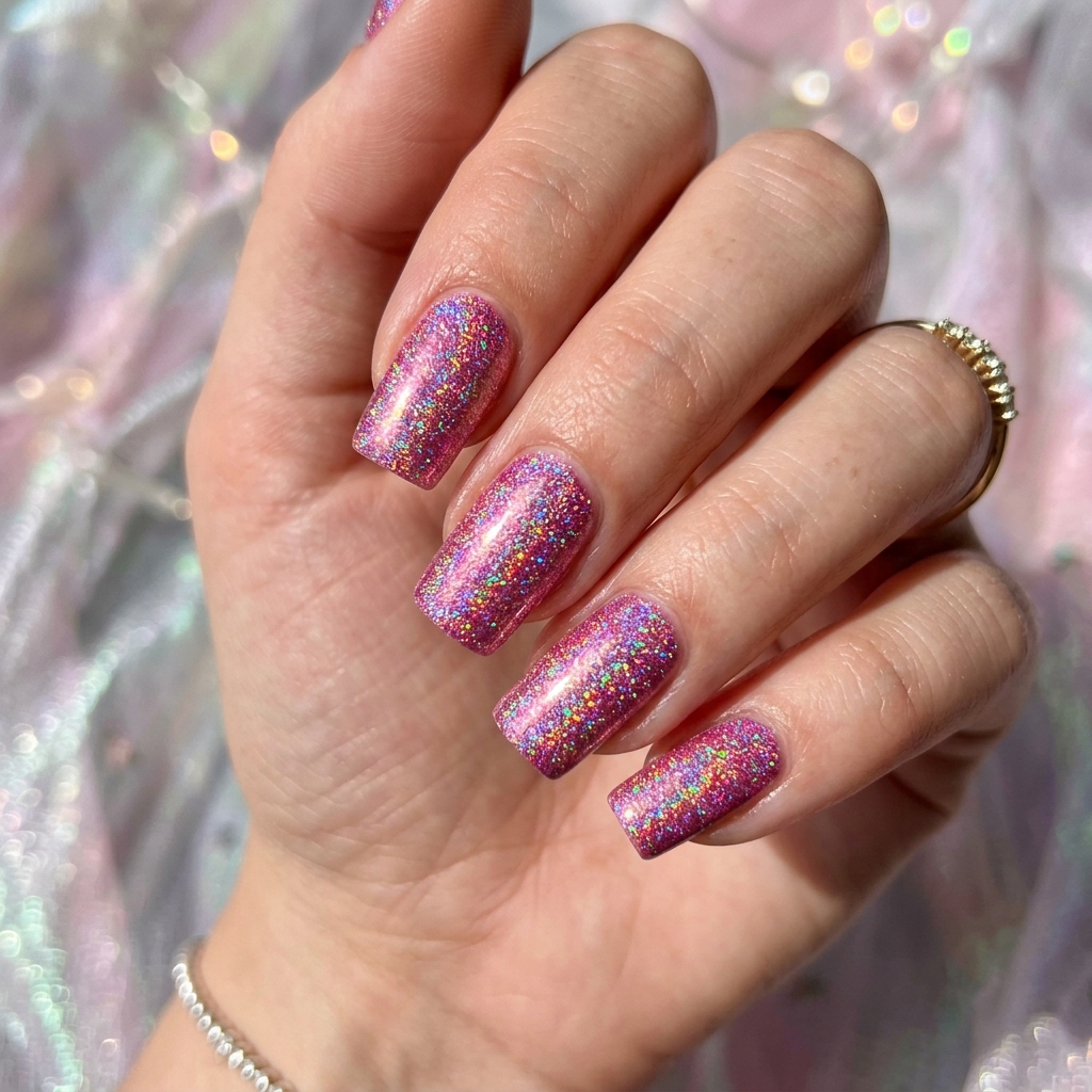 Pink Glitter Holographic Nails Idea