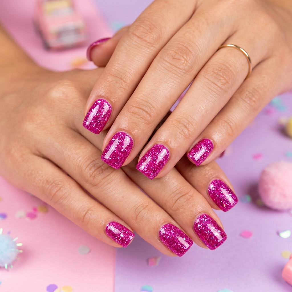 Barbie Pink Glitter Nails Idea