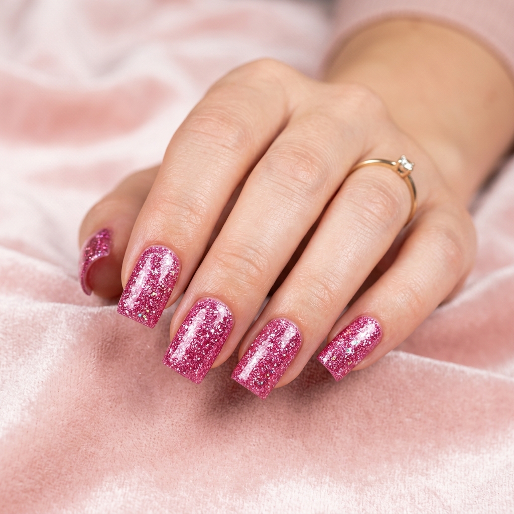Square Pink Glitter Nails  Idea