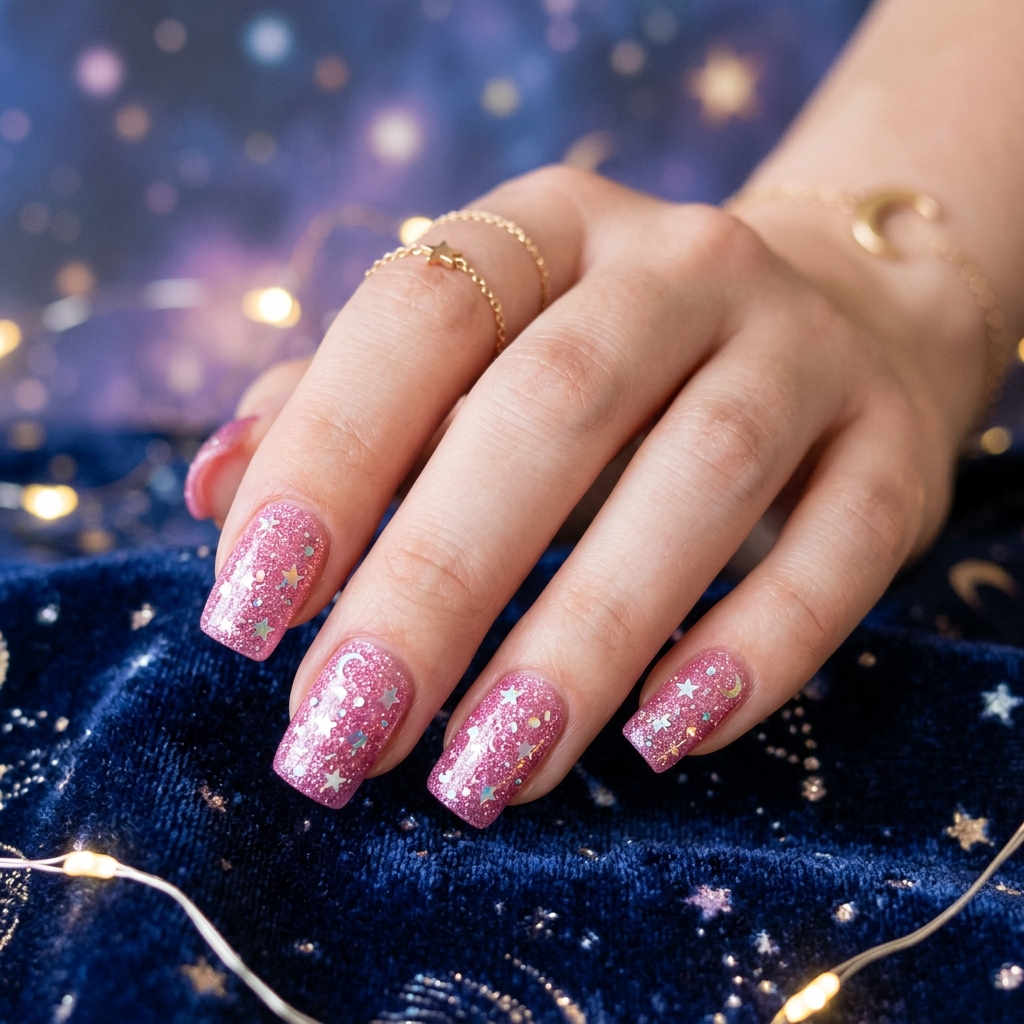 Pink Glitter Star Nails Idea