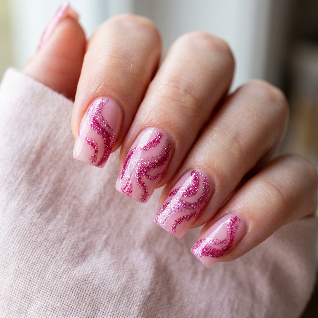 Swirl Pink Glitter Nails  Idea