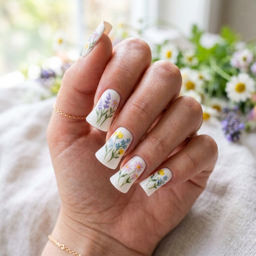 Floral Print Short Duck Nails Idea