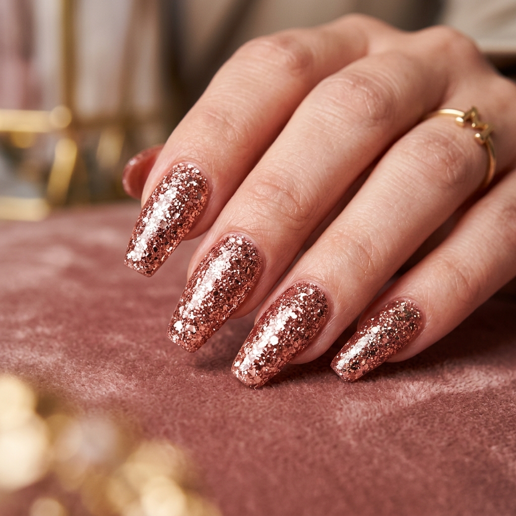 Rose Gold Glitter Nails Idea
