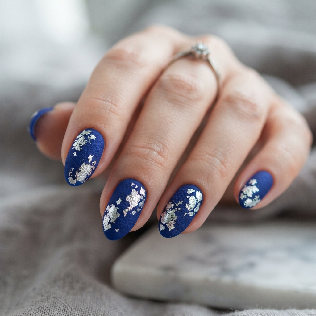 Royal Blue Silver Foil Nails Ideas