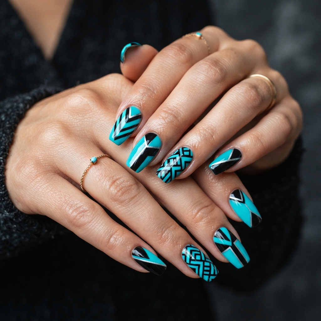 30 Turquoise Nails Ideas That Will Instantly Brighten Your Look 22 Turquoise and Black Nails Ideas