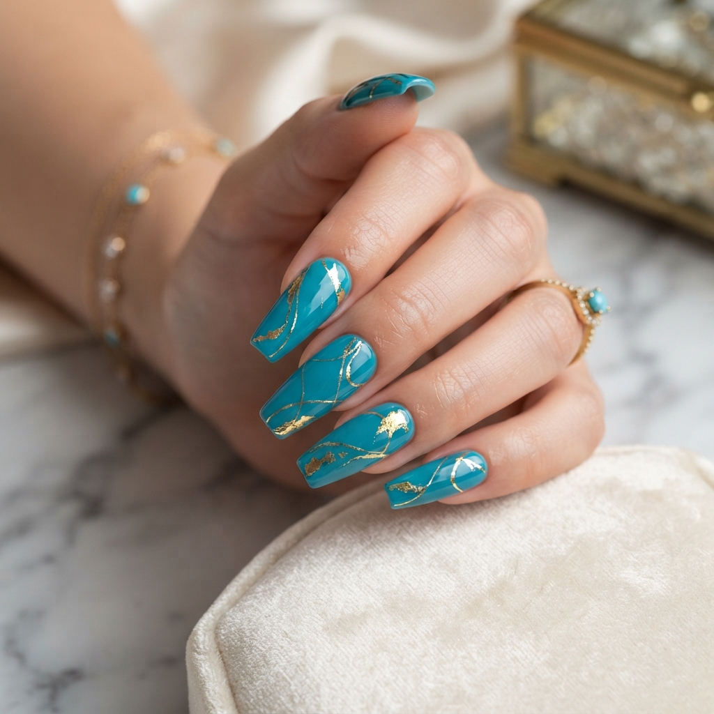 30 Turquoise Nails Ideas That Will Instantly Brighten Your Look 6 Turquoise and Gold Nails Ideas