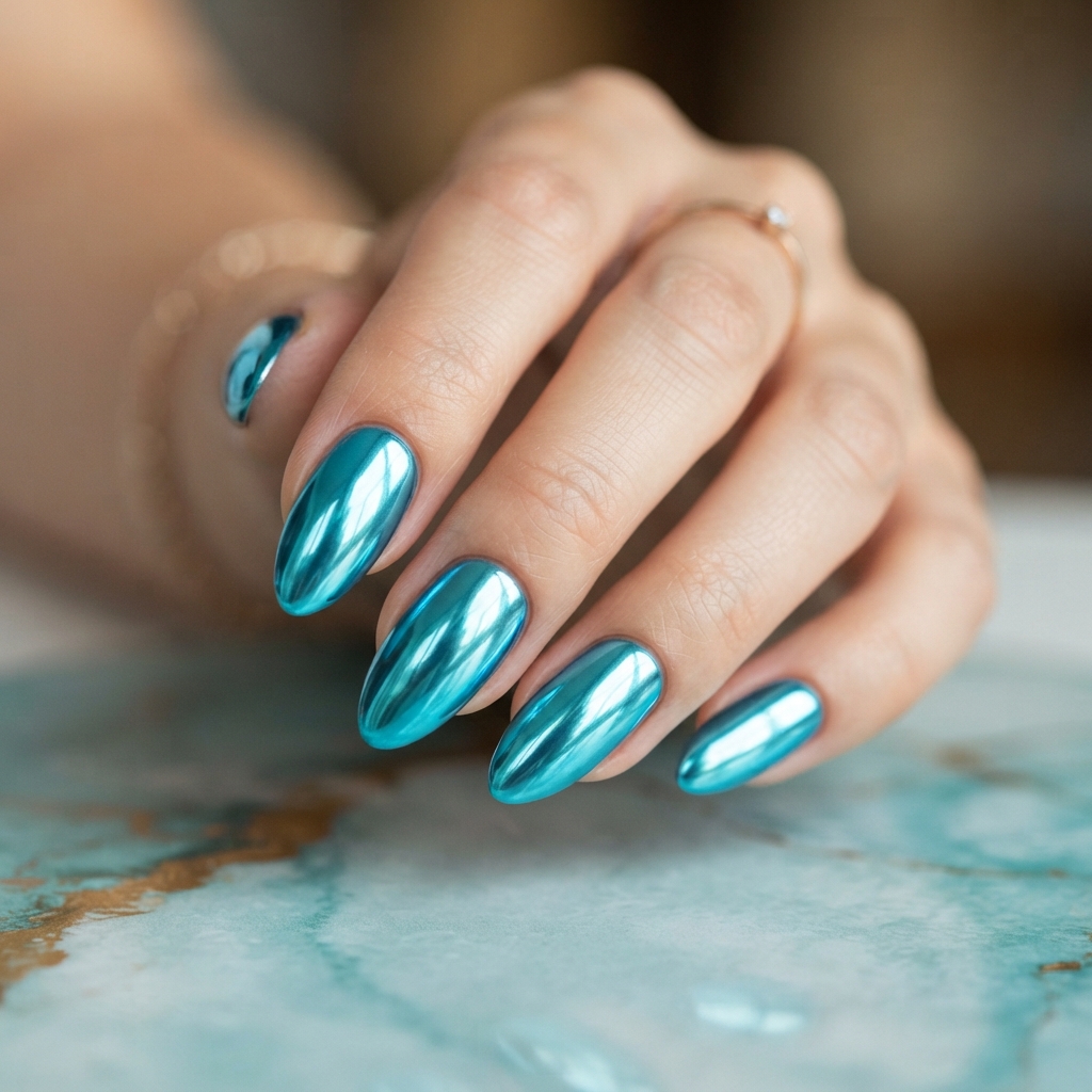 30 Turquoise Nails Ideas That Will Instantly Brighten Your Look 11 Turquoise Chrome Nails Ideas
