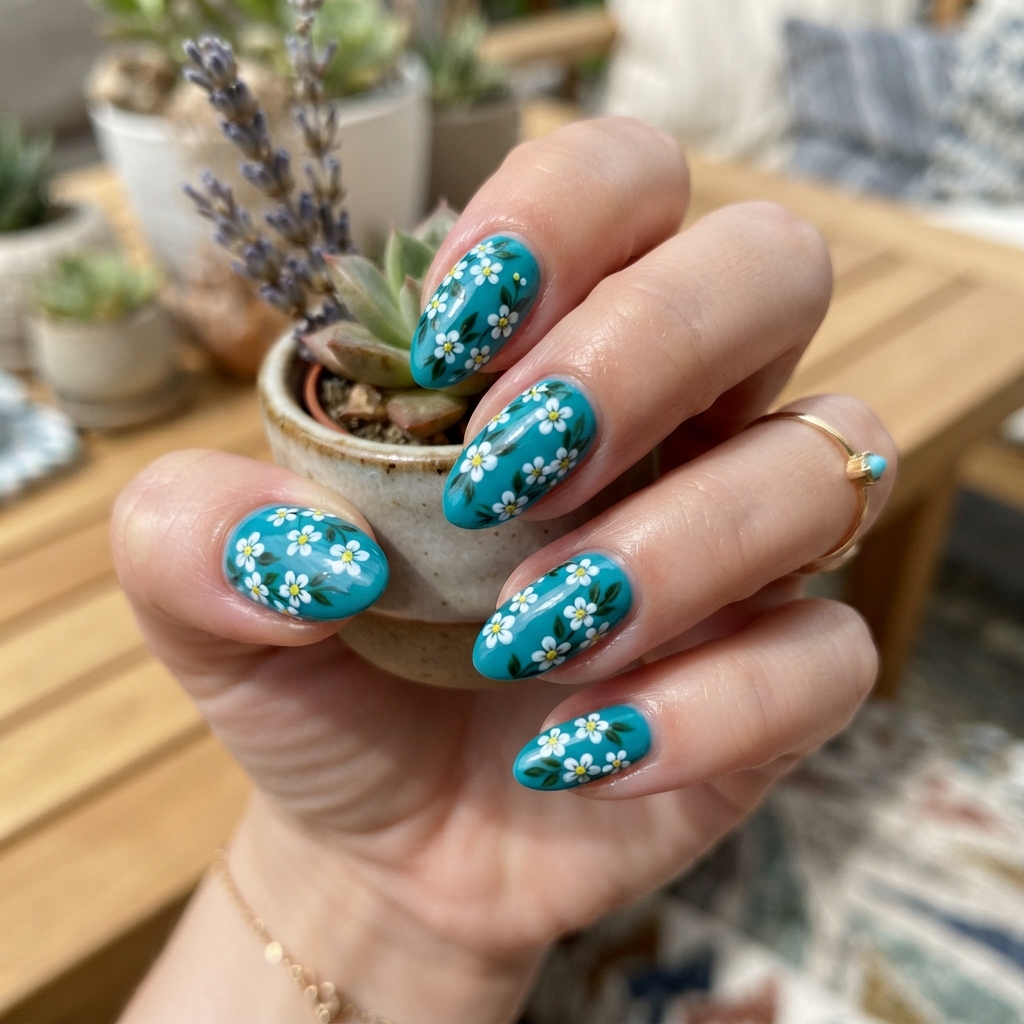 30 Turquoise Nails Ideas That Will Instantly Brighten Your Look 13 Turquoise Floral Nails Ideas