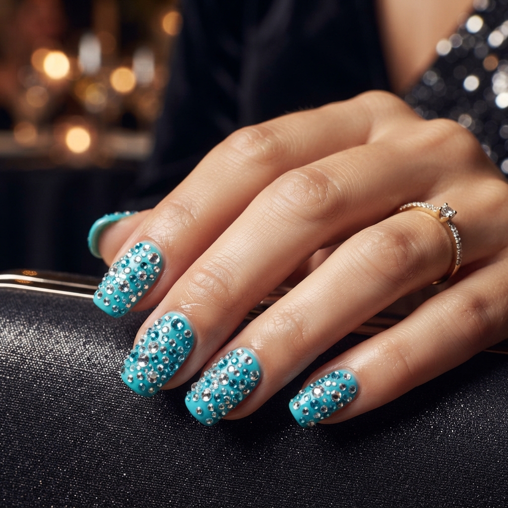 30 Turquoise Nails Ideas That Will Instantly Brighten Your Look 24 Turquoise Rhinestone Nails Ideas