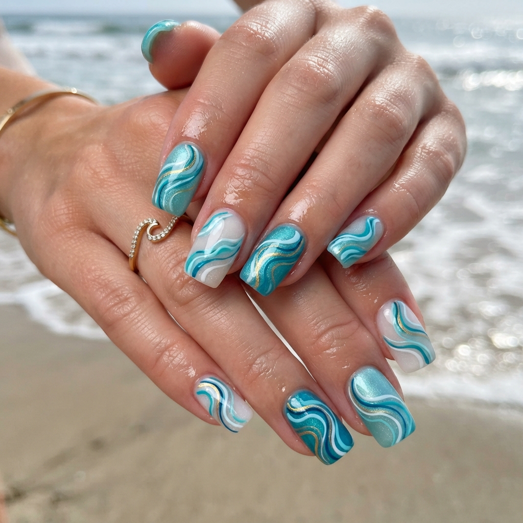 30 Turquoise Nails Ideas That Will Instantly Brighten Your Look 28 Turquoise Wave Nails Ideas