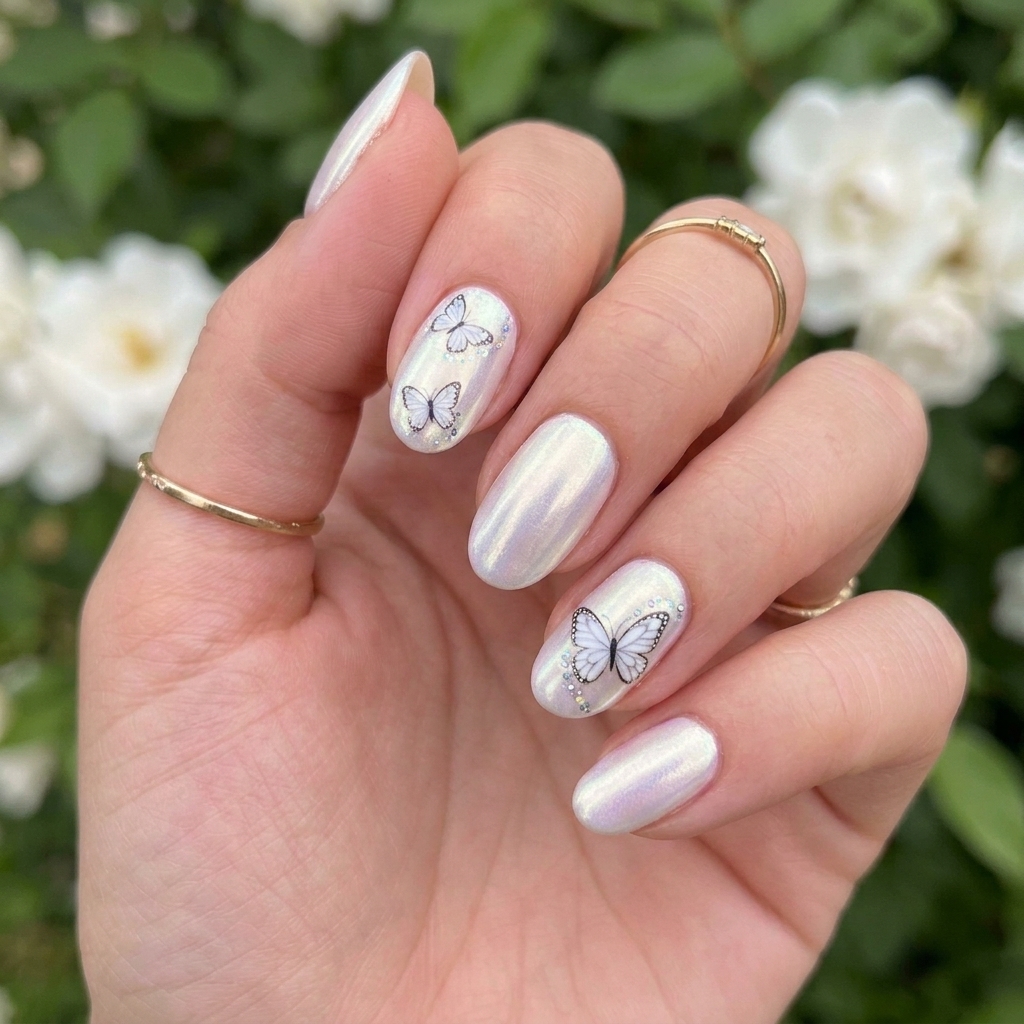 White Chrome Nails Ideas 28 Butterfly White Chrome Nails Idea