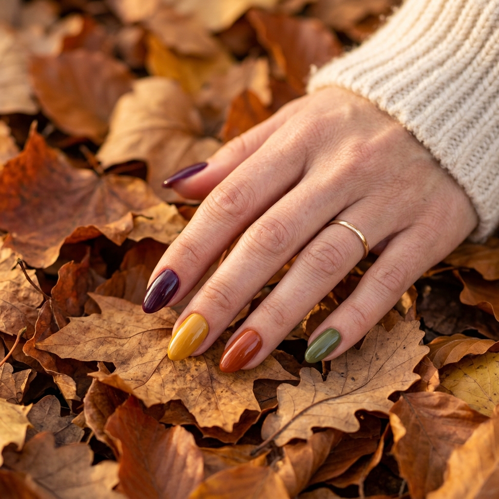 Autumn Shade Short Almond Acrylic Nail Ideas