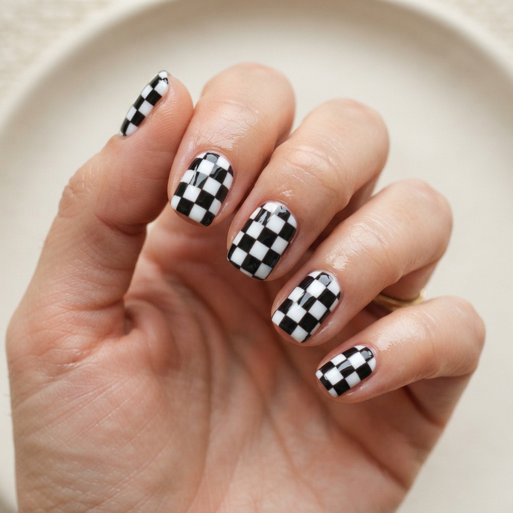 30 Short White Nails Ideas to Try This Season 25 White Checkerboard Nail Ideas