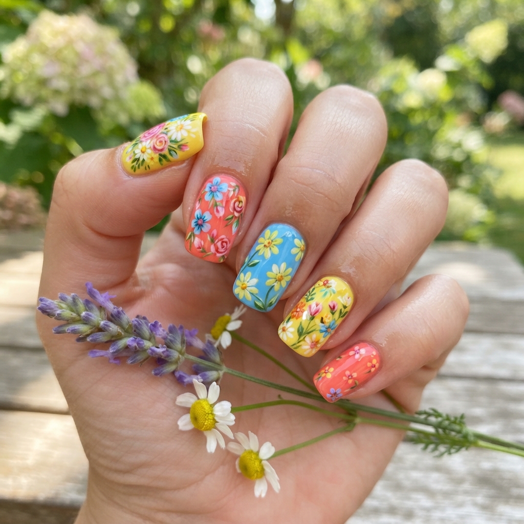 Best 30 Colorful Summer Nails Ideas for Every Vacation Vibe 22 Bright Floral Summer Nail Ideas