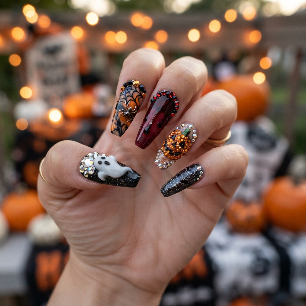 30 Cute Halloween Nails Ideas: Spooky, Fun & Adorable Nail Designs 30 Halloween Nail Ideas with Rhinestones