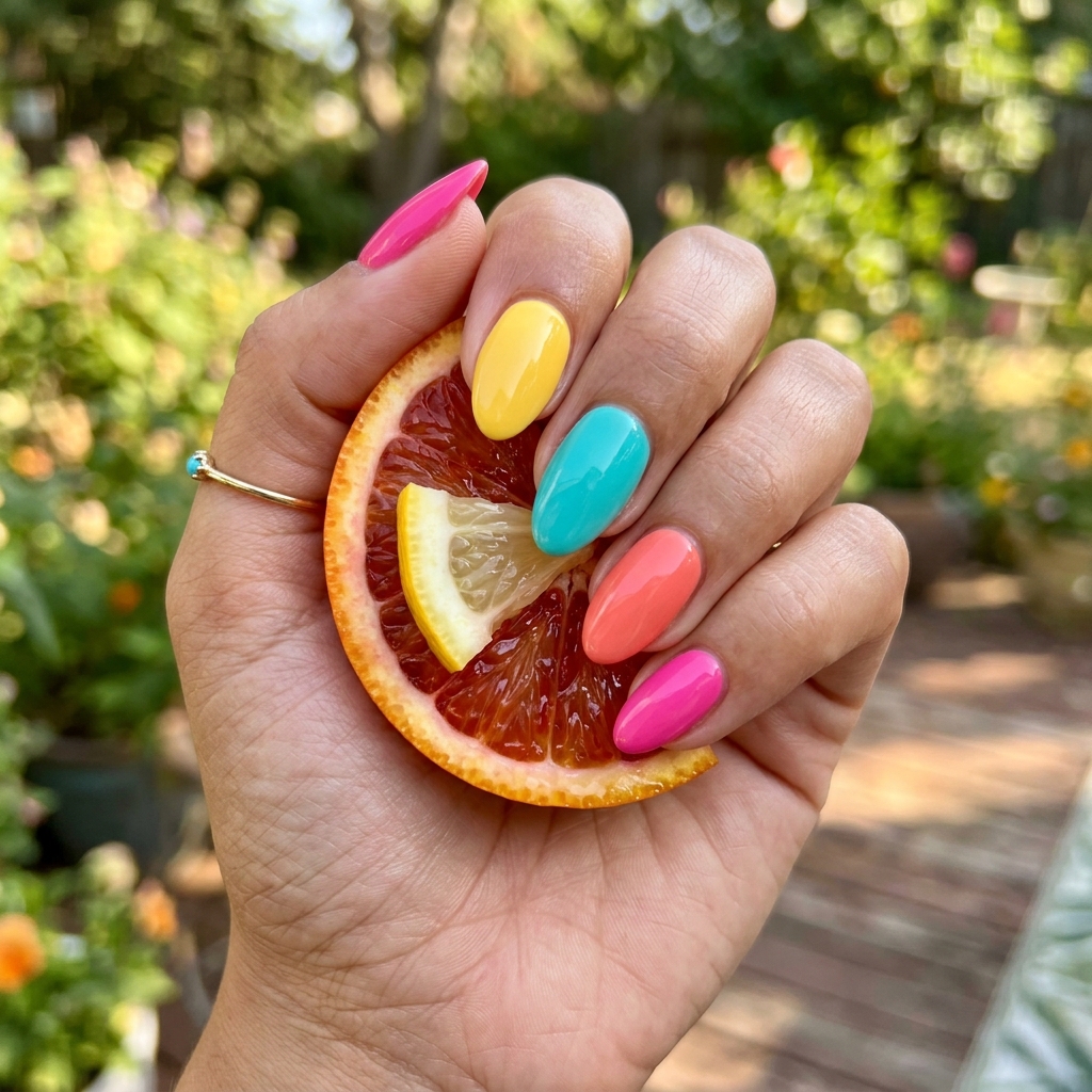 Summer Bright Short Almond Acrylic Nail Ideas