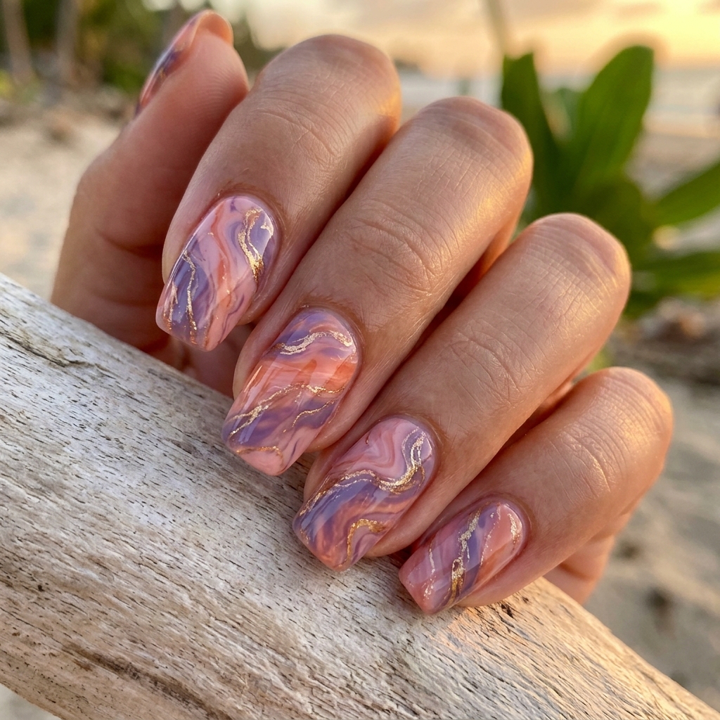 30 Tropical Vacation Nails Ideas: Your Ultimate Inspiration Guide 26 Island Sunset Marble Nail Ideas