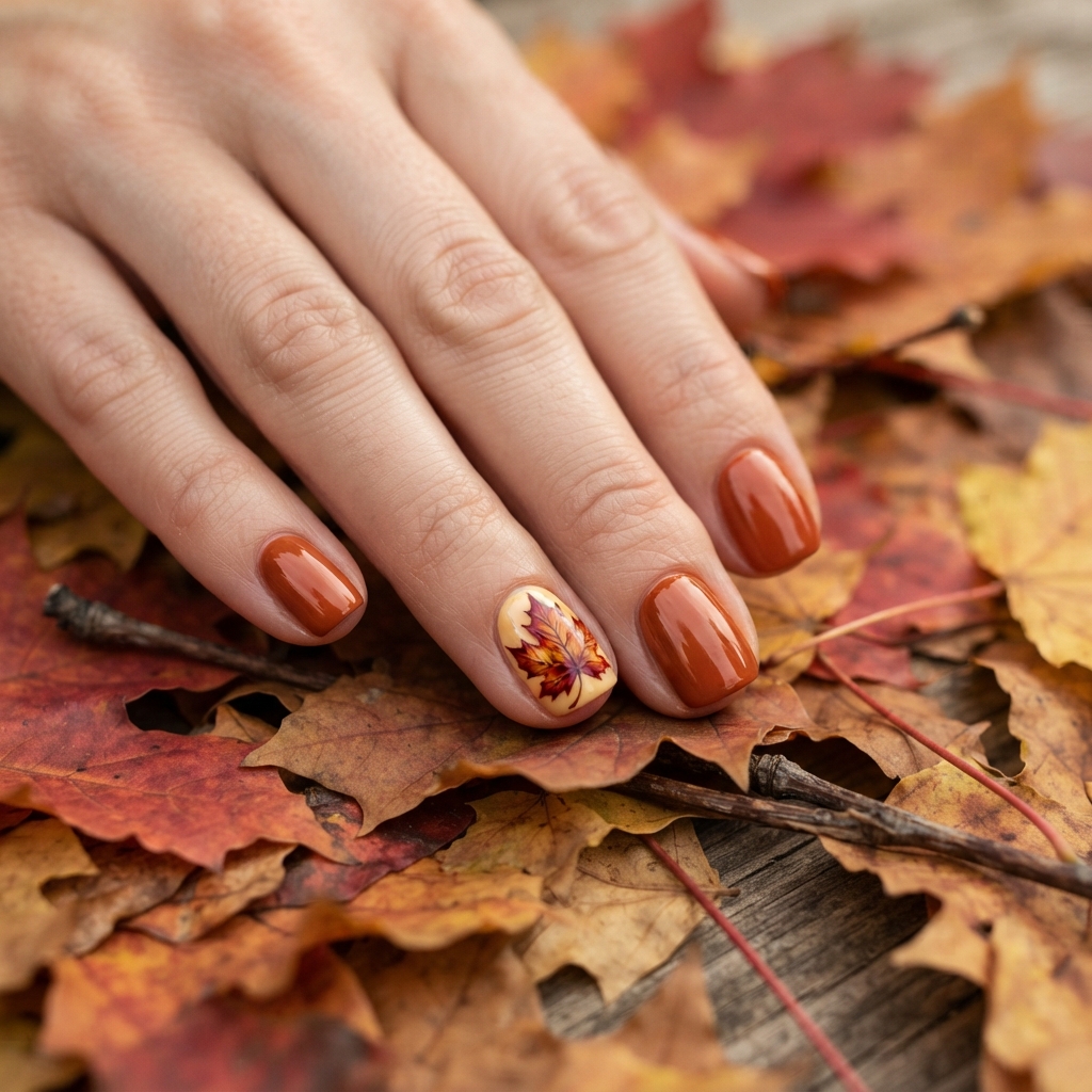 Best 30 Short Fall Nails Ideas for every mood and season 26 Maple Leaf Accent Nails Ideas