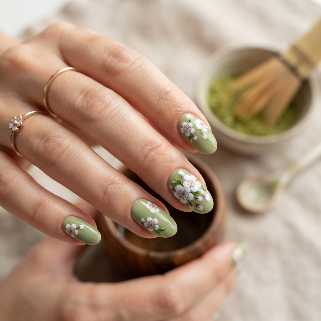 30 Matcha Nails Ideas That Bring Out Your Creative Side 18 Matcha Flower Nail Art Ideas