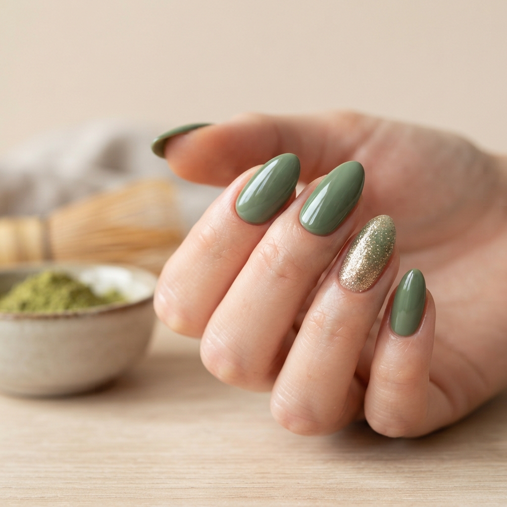 30 Matcha Nails Ideas That Bring Out Your Creative Side 9 Matcha Glitter Accent Nails Ideas