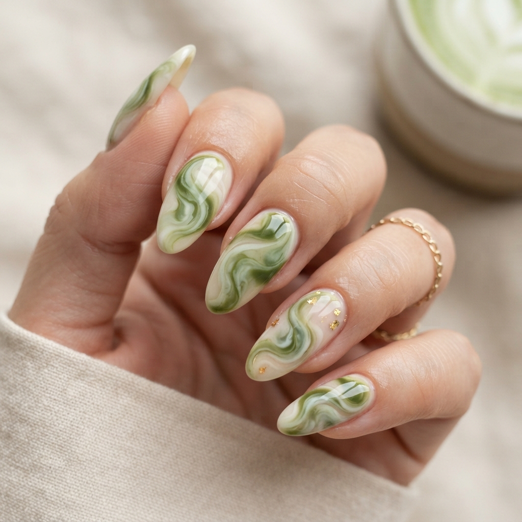 30 Matcha Nails Ideas That Bring Out Your Creative Side 3 Matcha Latte Swirl Nails Ideas