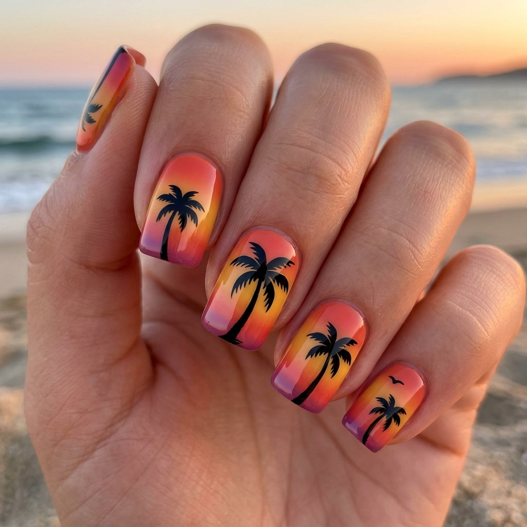 30 Tropical Vacation Nails Ideas: Your Ultimate Inspiration Guide 27 Palm Tree Silhouette Nail Ideas