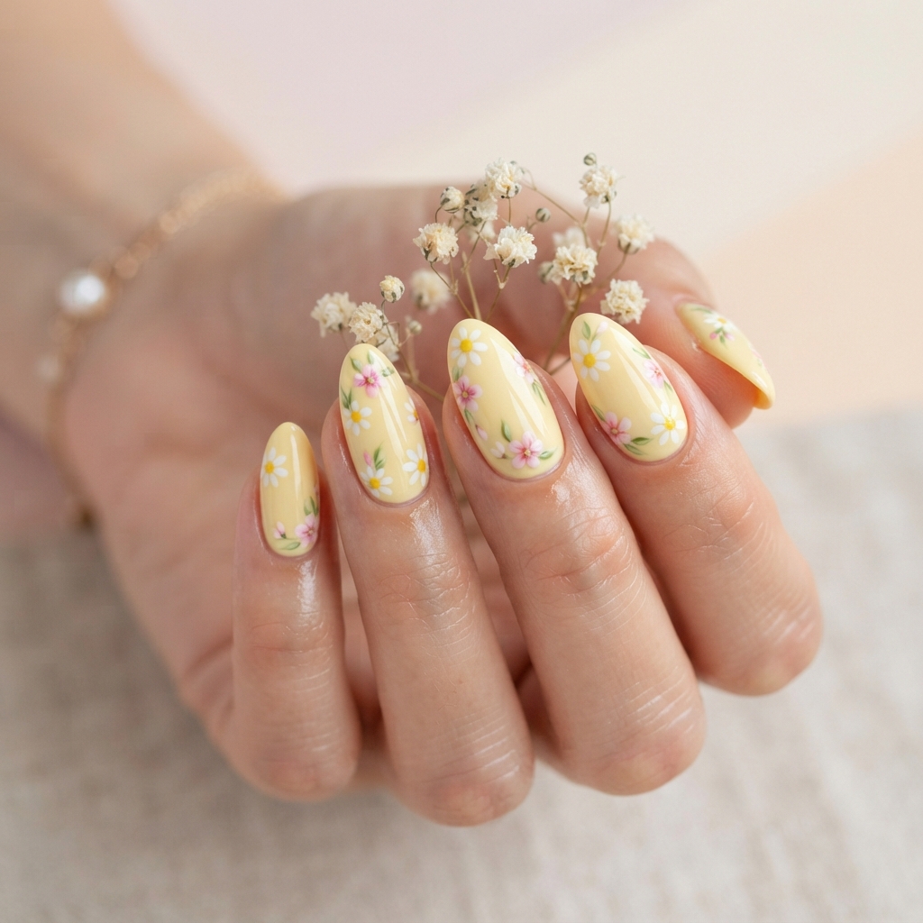 Pastel Yellow Floral Nail Ideas