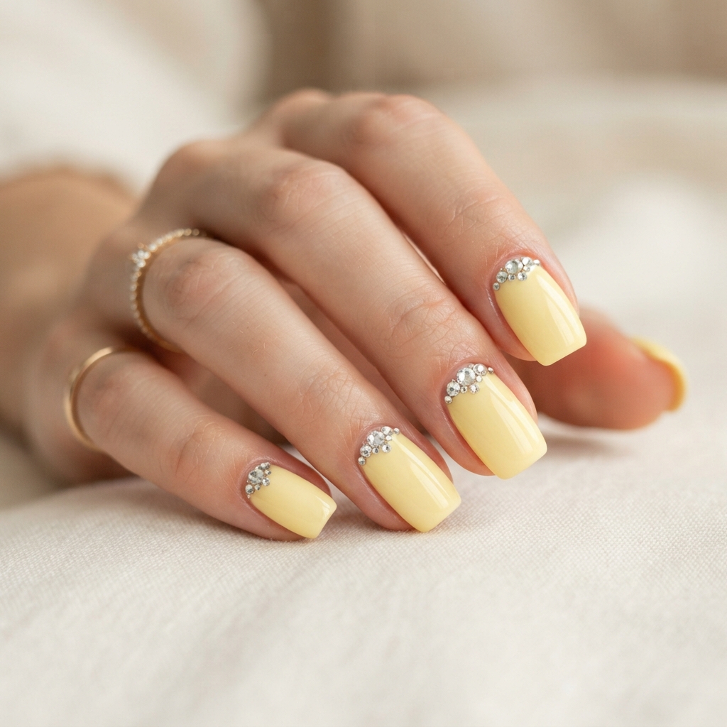 Pastel Yellow Rhinestone Nail Ideas