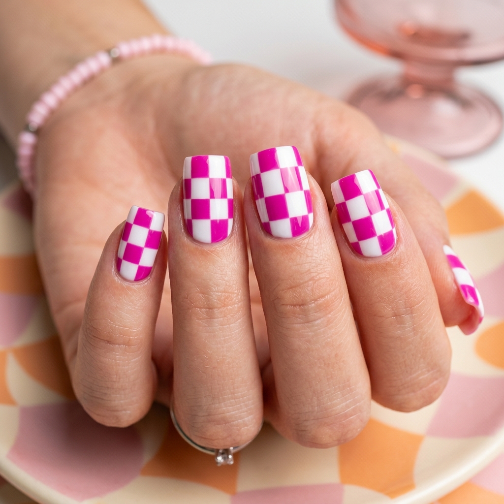 Pink Checkerboard Nail Ideas