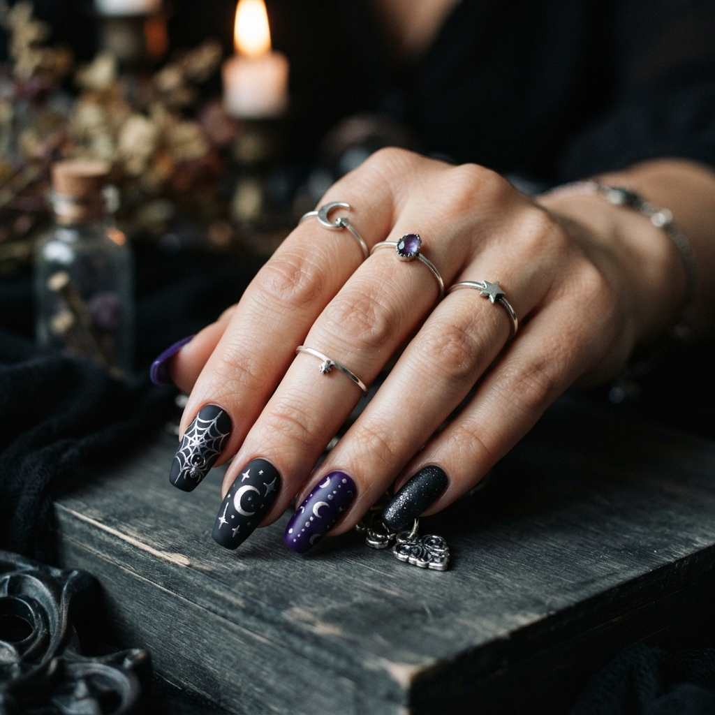 30 Cute Halloween Nails Ideas: Spooky, Fun & Adorable Nail Designs 26 Purple and Black Halloween Nail Ideas