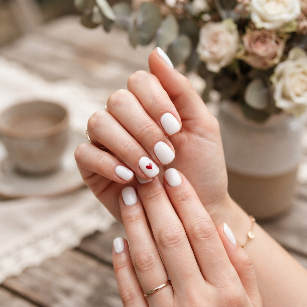 30 Short White Nails Ideas to Try This Season 21 White Heart Accent Nail Ideas