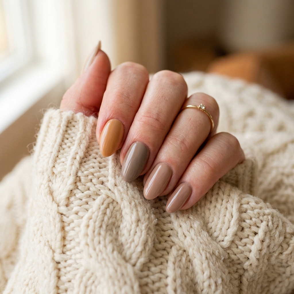 Neutral Earth Tone Short Almond Acrylic Nails Ideas