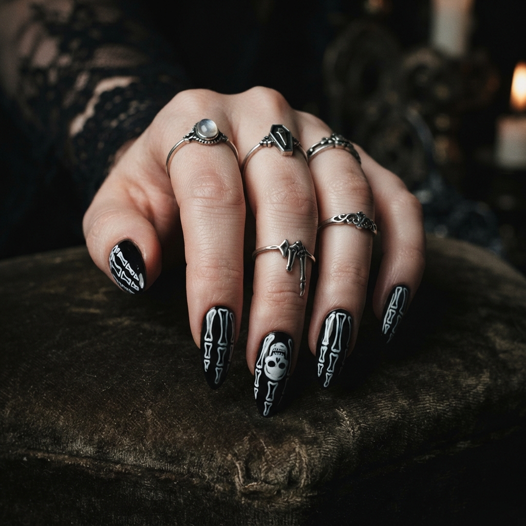 30 Simple Halloween Nails Ideas: Cute & Easy Spooky Nail Designs 16 Skeleton Hand Simple Halloween Nails