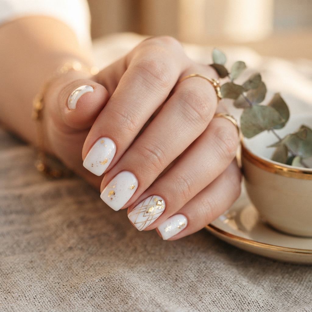30 Short White Nails Ideas to Try This Season 7 White and Gold Accent Nail Ideas