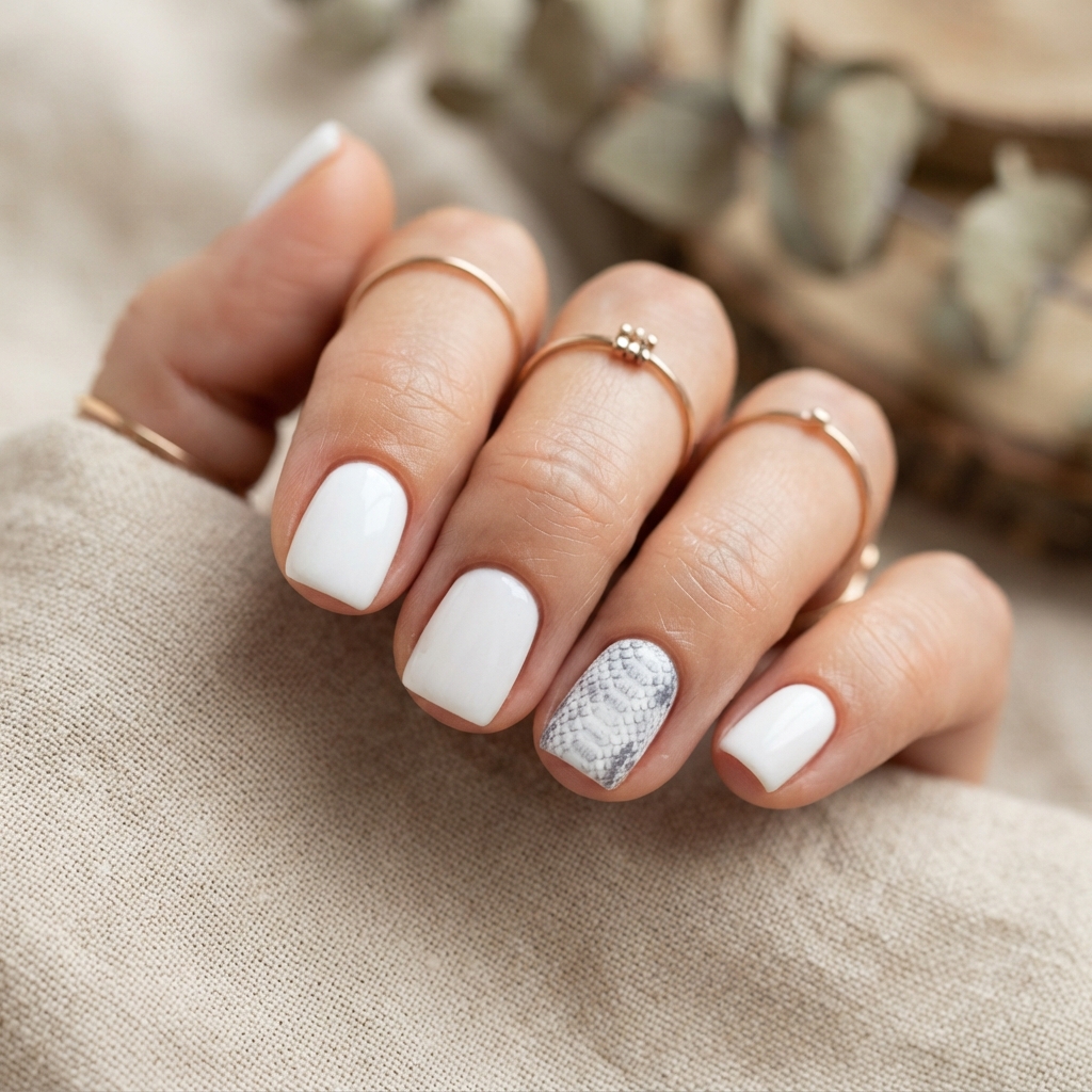 30 Short White Nails Ideas to Try This Season 22 White Snakeskin Nail Ideas