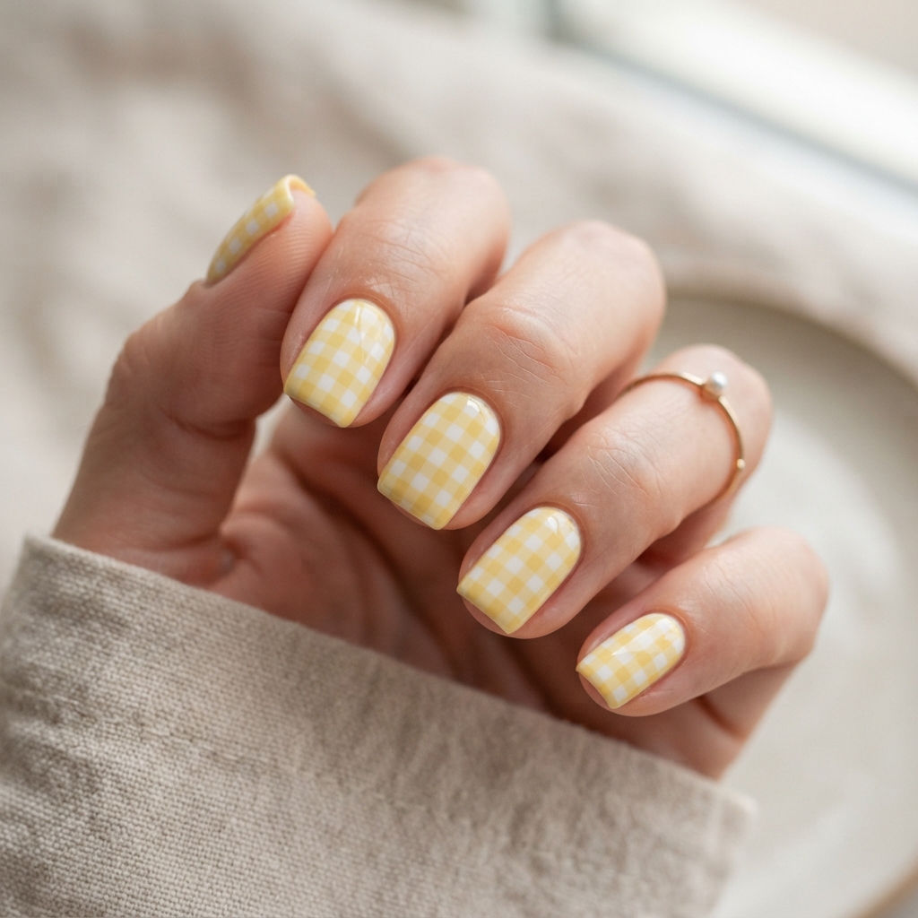 Pastel Yellow Gingham Nail Ideas