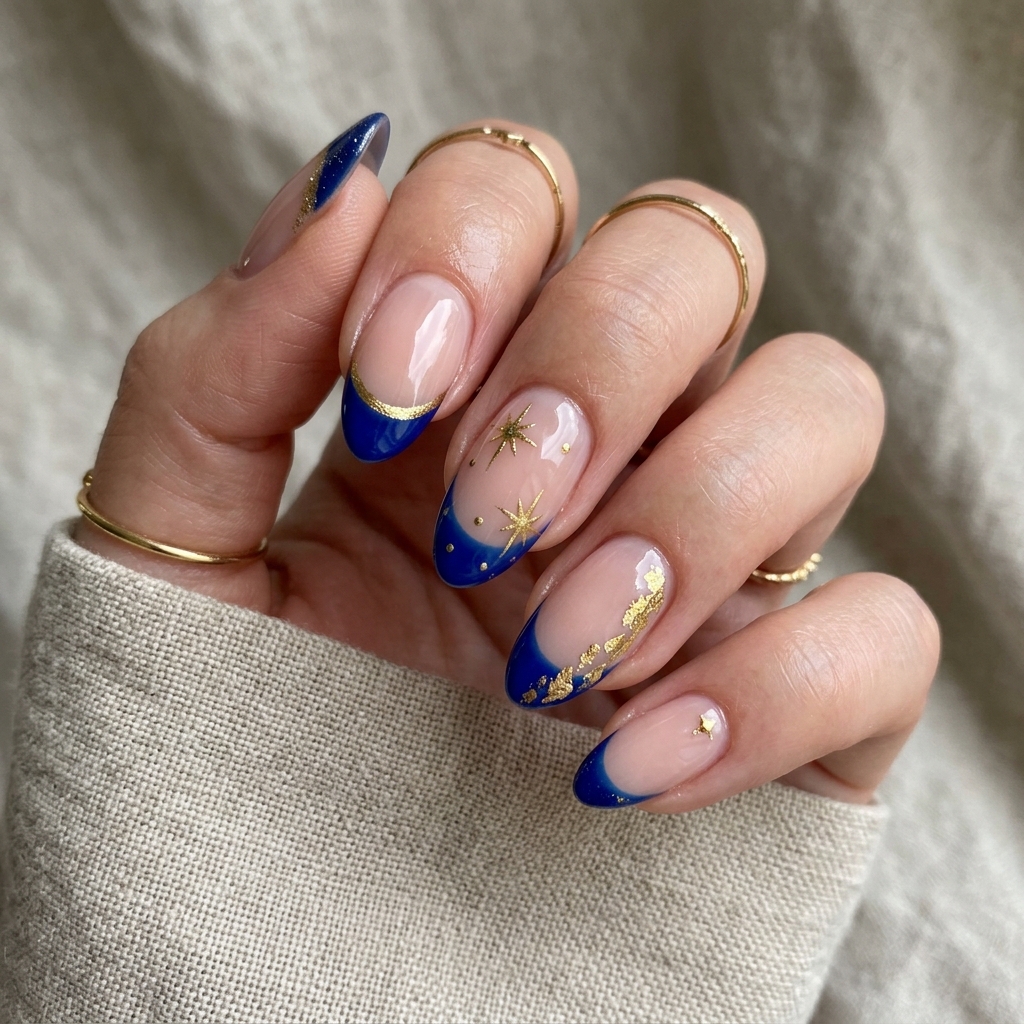 Blue French Nails with Gold Accent Ideas