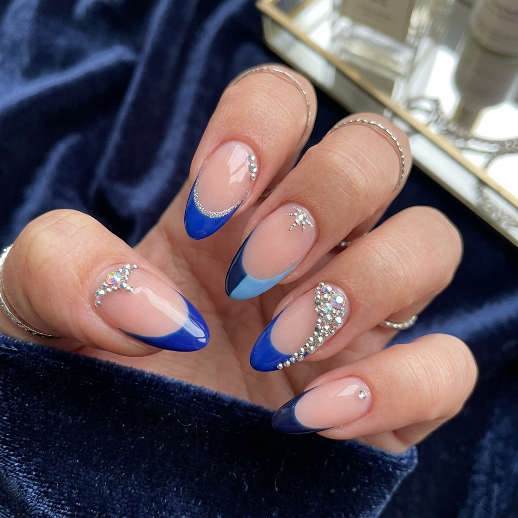 Blue French Nails with Rhinestones Ideas