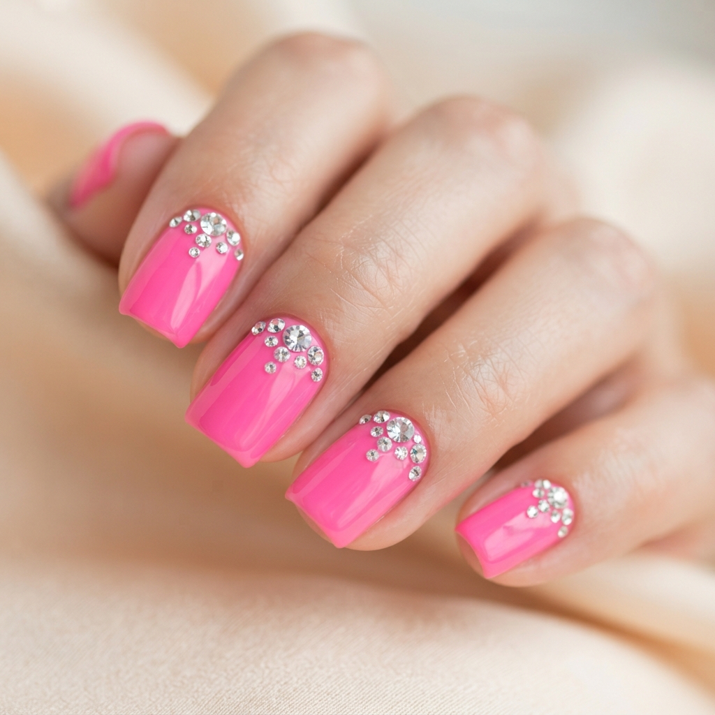 Best 30 Bright Pink Nails Ideas for Every Season and Style 24 Bright Pink Rhinestone Nail Ideas