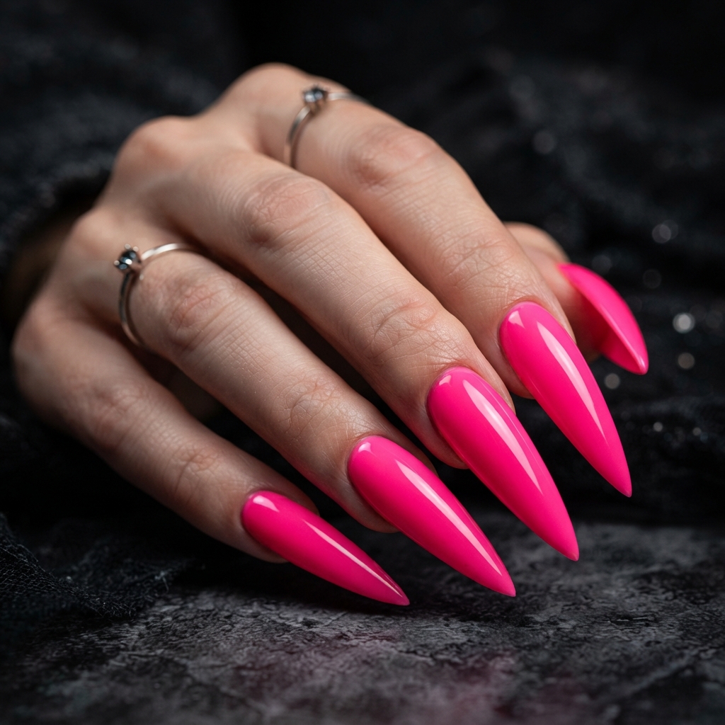 Best 30 Bright Pink Nails Ideas for Every Season and Style 16 Bright Pink Stiletto Nail Ideas